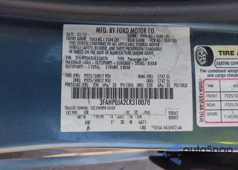 2012 Ford Fusion Sel из США, поврежденный, VIN 3FAHP0JA2CR310070